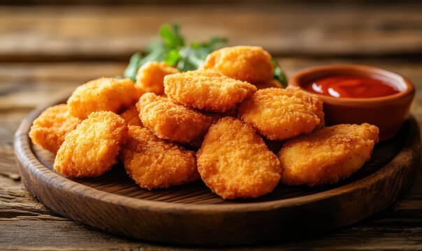 Golden crispy chicken nuggets arranged on a rustic wooden plate, warm ambient lighting