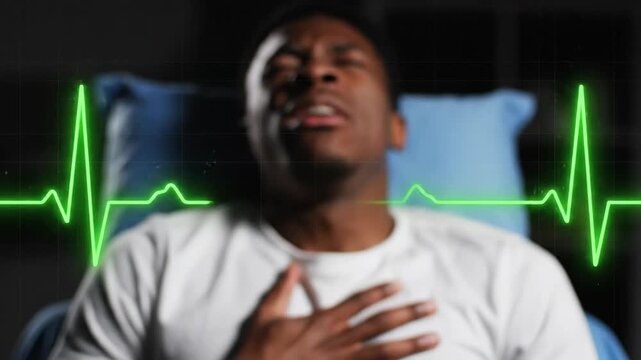 Man having a heart attack and clutching his chest in pain. A green ECG heartbeat line monitors his vital signs. Medical emergency and cardiovascular disease concept