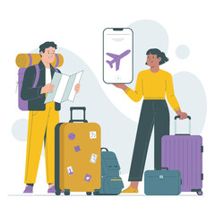 Young travelers preparing for a trip with luggage in flat vector style, vacation planning illustration, travel concept, holiday packing, adventure and journey design for tourism projects.