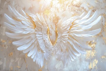 Fototapeta premium Large white feathered angel wings symbolize grace, purity, and spiritual ascension against a golden textured backdrop