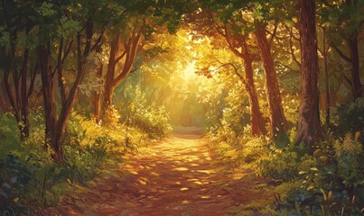 Golden hour sunset over a tranquil forest path, with warm light streaming through the trees creating a peaceful and enchanting atmosphere