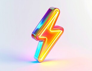 Colorful 3D bolt graphic, neon glow, angled, on white background