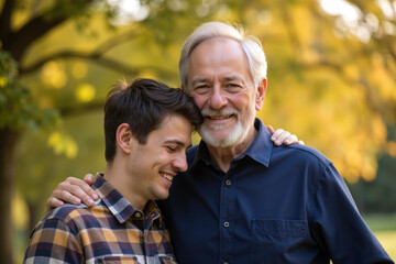 Fototapeta premium A joyful father and son share a warm embrace in a serene park, surrounded by vibrant autumn foliage.