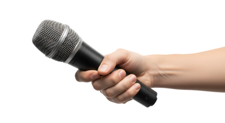 Hand Holding Microphone Speech Presentation Communication Tool Isolated on transparent background