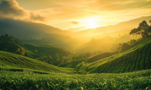Golden sunrise over rolling green tea plantations, deep rich natural hues, high-detail landscape photography, soft diffused lighting, peaceful and refreshing atmosphere
