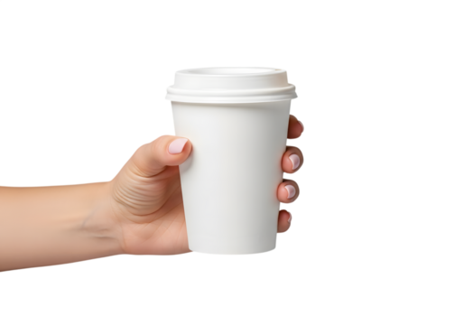 Hand Holding White Coffee Cup with Lid Isolated on transparent background - Powered by Adobe