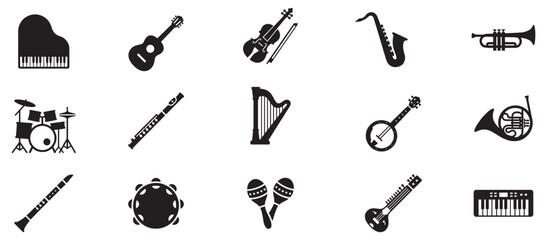 Musical instrument icon set with black silhouettes of saxophone, trumpet, drum, violin, piano, and accordion for music and orchestra concepts. Vector Illustration. © Yana