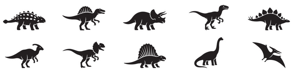 Dinosaur silhouette icon set. Prehistoric animal collection. Jurassic and cretaceous dino characters like T-rex, Stegosaurus. Simple black vector fossil shape. Vector Illustration. © Yana