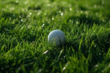 Naklejka premium White golf ball sits on vibrant green grass, bathed in sunlight, creating a serene golfing scene