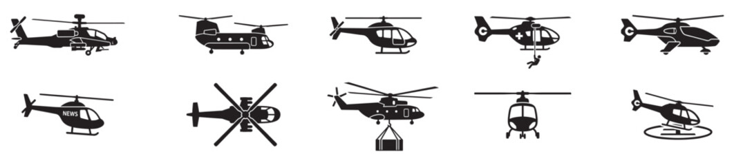 Helicopter silhouettes icons. Collection of helicopter silhouettes in different positions. Vector Illustration.  © Jeremy_Show