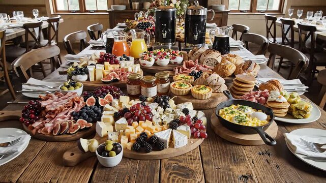 High-angle slow motion cinematic pull-back shot revealing an expansive rustic wooden table completely covered with multiple decorative gourmet cheese and fruit boards and rustic breakfast elements ove