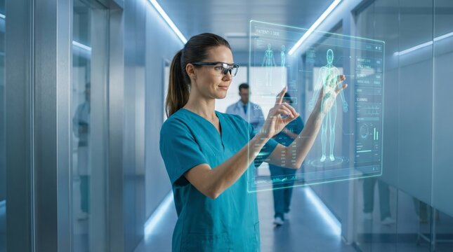 Futuristic medical scene featuring healthcare professional high-tech hospital digital interface sleek environment interactive viewpoint - Powered by Adobe