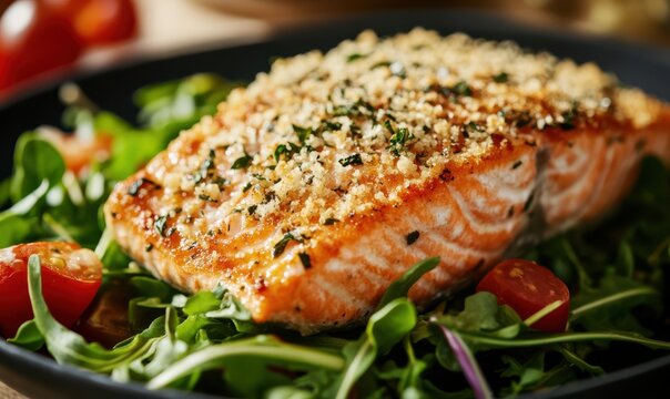 Golden-brown crusted salmon fillet with a parmesan herb topping, served with fresh greens, warm and inviting lighting enhancing the details