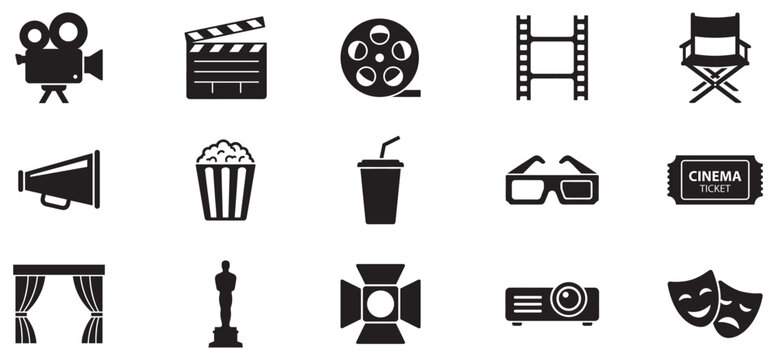 Classic cinema icons. Vector icon set of classic cinema motifs: silent film camera, vintage projector, film reel, oscar, ticket, mask, megaphone. Vector icon.
