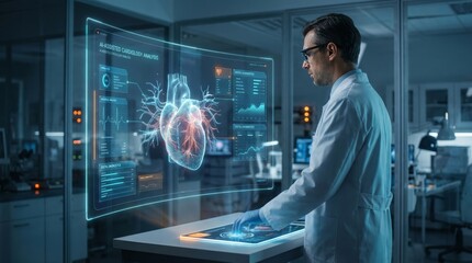 Medical professional analyzing heart data lab environment digital interface interactive technology innovative healthcare