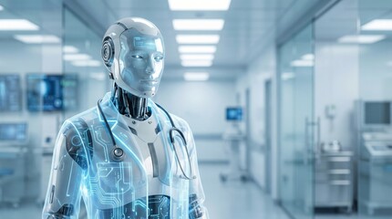 Futuristic medical assistant humanoid ai in a high-tech hospital environment midshot perspective innovation in healthcare
