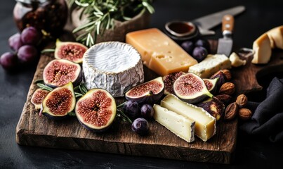 Gourmet cheeseboard with aged cheddar, creamy brie, and fresh figs, rustic wooden board complementing the deep colors and textures of artisanal foods