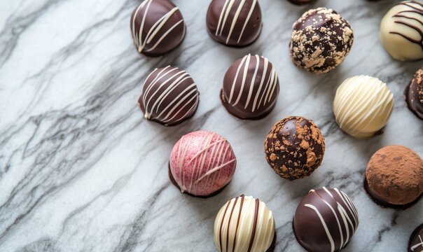Gourmet chocolate truffles arranged elegantly on a polished marble surface, rich textures and luxurious tones enhancing the dessert's indulgence. - Powered by Adobe