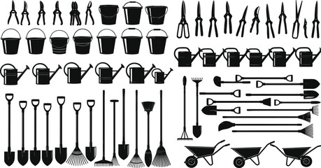 Gardening tool silhouette set, black vector icons, shovel rake broom, watering can bucket, pruning shears, wheelbarrow collection, minimal style, editable stroke, equipment illustrations © Shuvo Roy