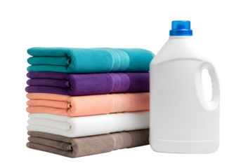 Stack of Clean Towels Beside Bottle of Fabric Softener Isolated on transparent background