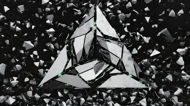 High-contrast motion of sharp, intersecting black and white geometric forms shattering and reforming into complex triangular composition with metallic gray and bold acid green highlights sharp lines