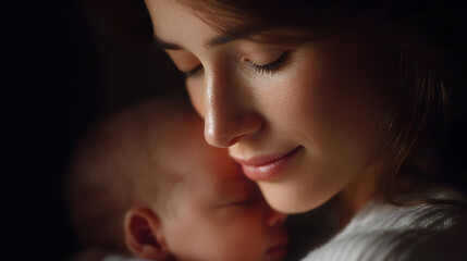 Cherished Bond: A tender moment captured as a mother cradles her newborn, her face illuminated by a soft glow, radiating warmth, love and nurturing.