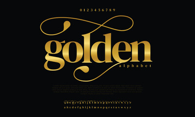 Elegant Golden Colored Metal Chrome alphabet font. Gold typography classic style serif font set. vector illustration