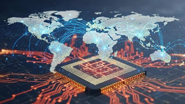 Abstract Digital World Map Above Computer Chip Circuitry Illustrating Technology Connection