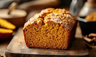 Handmade pumpkin spice loaf with a crisp golden crust, soft textured interior visible through a fresh cut, warm autumn spices enhancing the cozy feel