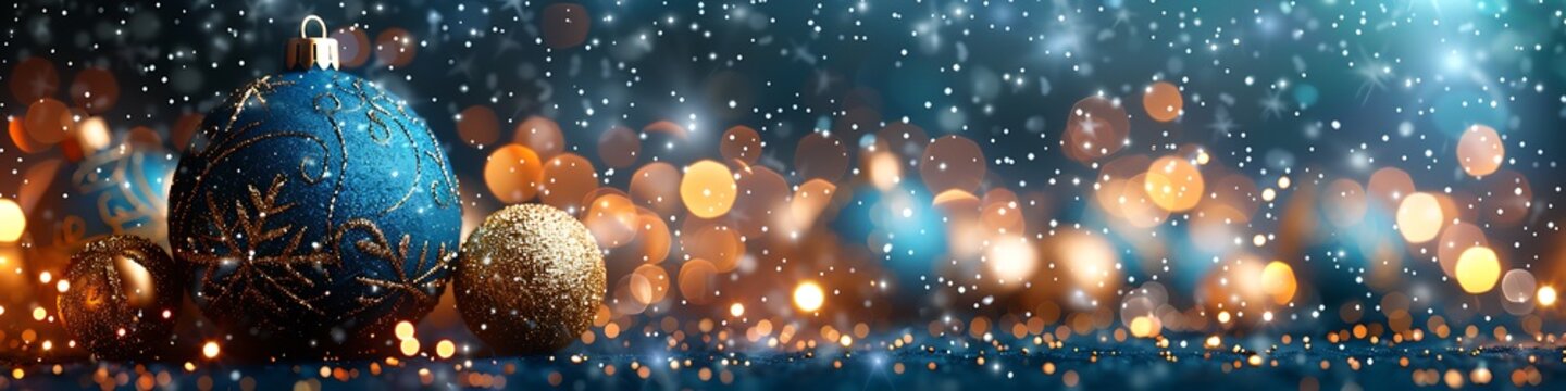 Panoramic Christmas baubles and bokeh lights in a festive winter scene