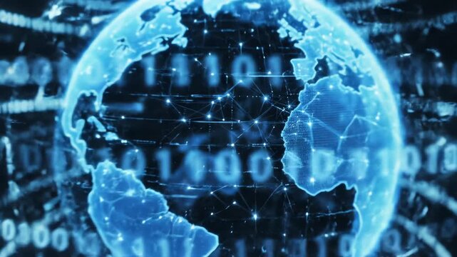 High-speed flow of luminous binary code and abstract technological data transferring rapidly across a detailed blue holographic globe projection in a dark environment world technology, modern system
