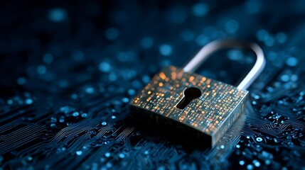 A futuristic padlock with colorful pixels on a dark blue circuit board background.
