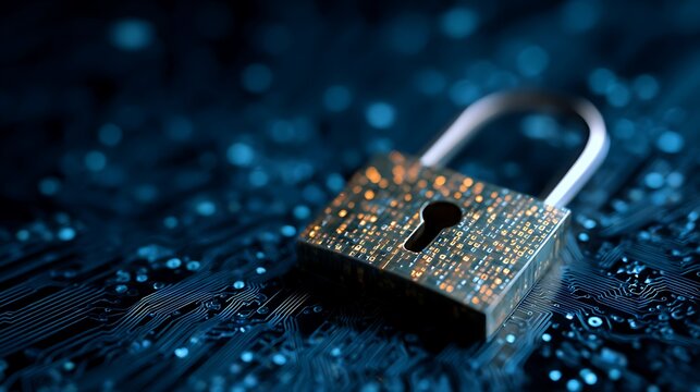 A futuristic padlock with colorful pixels on a dark blue circuit board background. - Powered by Adobe