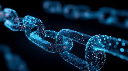 A closeup view of a blue chain with a dark background and sparkling effect.