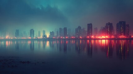 Obraz premium City skyline at night, reflected in calm water
