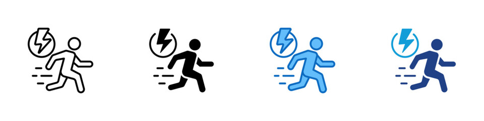 Fast Action Multiple Style Icon Design Vector - Running person with lightning symbol representing speed, energy, and rapid performance