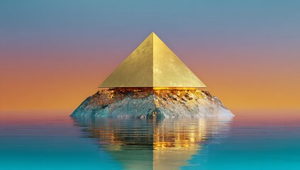 Obraz premium Gilded Pyramid on Floating Island Serene Water Reflecting Structure Geometric Shape Abstract Landscape Modern Art Gold Leaf Iceberg Illusion Gradient Sky Scenery