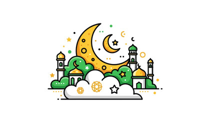 Naklejka premium Whimsical Illustration of Dreamy Islamic Architecture with Night Sky Elements