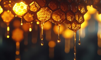 Honeycomb dripping with golden honey, intricate hexagonal patterns glowing under soft natural light, rich amber hues contrasting against a dark moody background