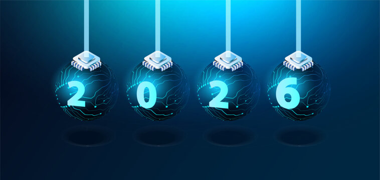2026 calendar card in ai futuristic technology style. New Year of 2026 with neon number and glow circuit sphere. Vector web banner background 2 0 2 6.