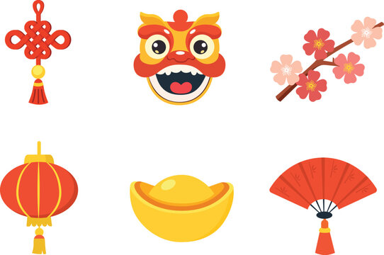Chinese new year icon set elements. Asian Lunar New Year decoration. Vector illustration in flat style.