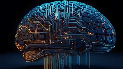 A glowing AI brain made of circuits and Data 3