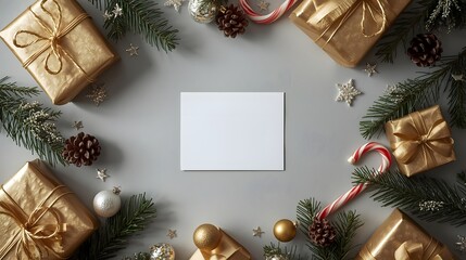 christmas, holiday, winter, trendy, Festive Christmas flat lay composition with golden gift boxes pine branches pinecones candy canes and ornaments creating a holiday greeting car