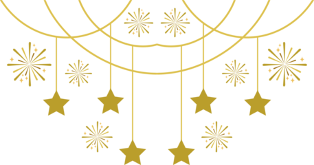 Happy New Year Decoration Hanging Glittering gold stars hanging border frame decoration isolated on transparent background For new year holiday design party decoration 
