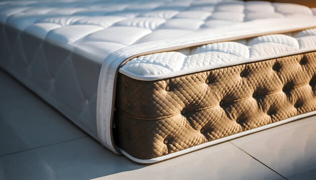Close-up of a white and brown tufted mattress with quilted stitching and thick padded edges bathed in soft natural light on a tiled floor providing a comfortable and supportive sleep surface