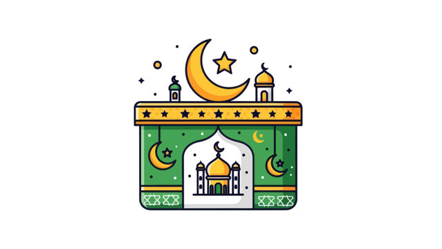 Colorful Islamic Mosque with Crescent Moon and Stars Illustration for Cultural