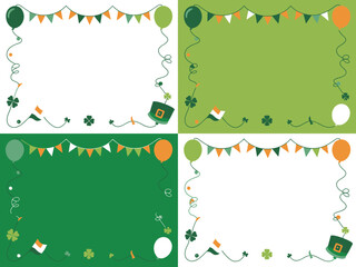 Four decorative St Patricks Day frames with shamrocks, balloons, and flags on green and white