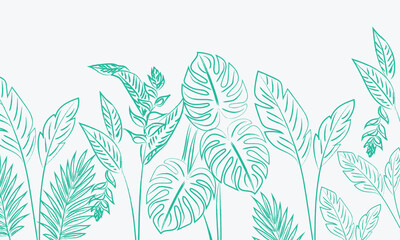 Fototapeta premium Tropical background with palm tree and monstera leaves pattern in line art style. Hand drawn design for card, banner, print, poster, cover, wedding invitation, packaging, Summer vector illustration