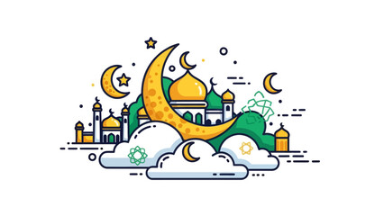Whimsical Islamic architecture and celestial elements intertwined in a