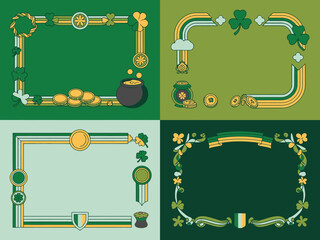 Four distinct St Patricks Day themed frames featuring shamrocks, pots of gold, rainbows, and festive borders